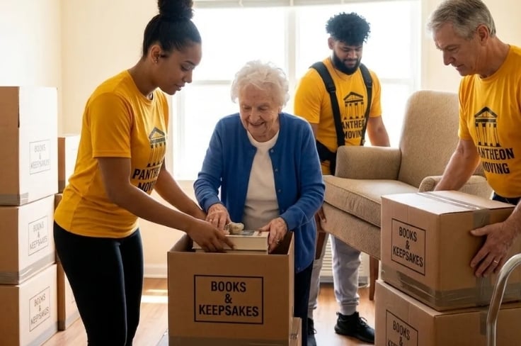 Pantheon Moving crew member assisting an elderly woman with boxes during a senior move in Kansas City